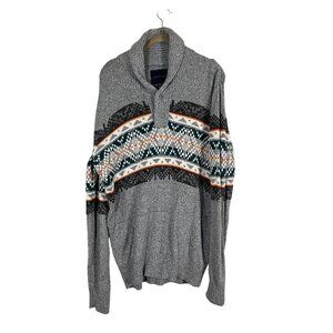 American Eagle Sweater Men M Gray Grandpa Cardigan Chevon Fair Isle Retro 80s